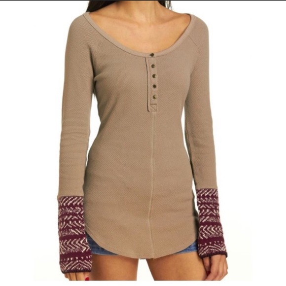 FREE PEOPLE Alpine Knit Cuff Thermal Sweater Long Sleeve Top in Taupe,Size Large - Picture 3 of 8